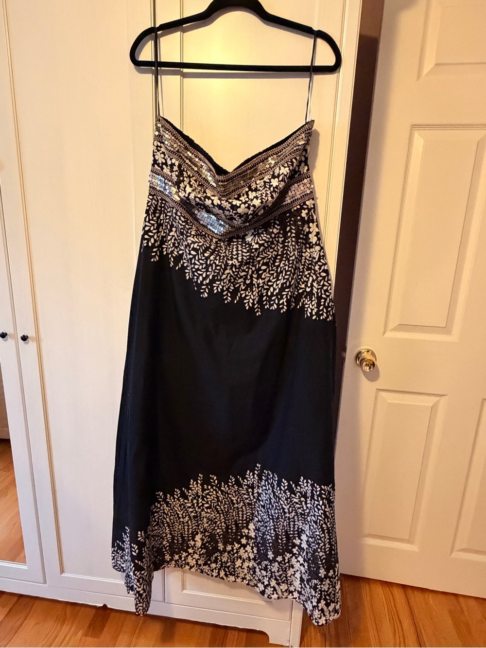 Black Maxi Dress with White Floral Print & Sequins